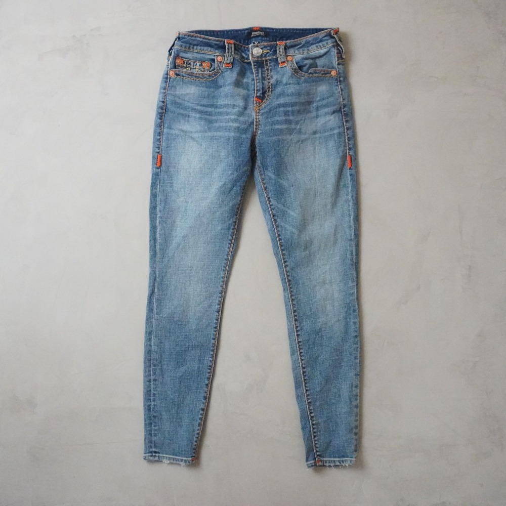 True Religion Jennie Curvy Jeans 29 Womens Blue Super Skinny Orange Y2K Denim